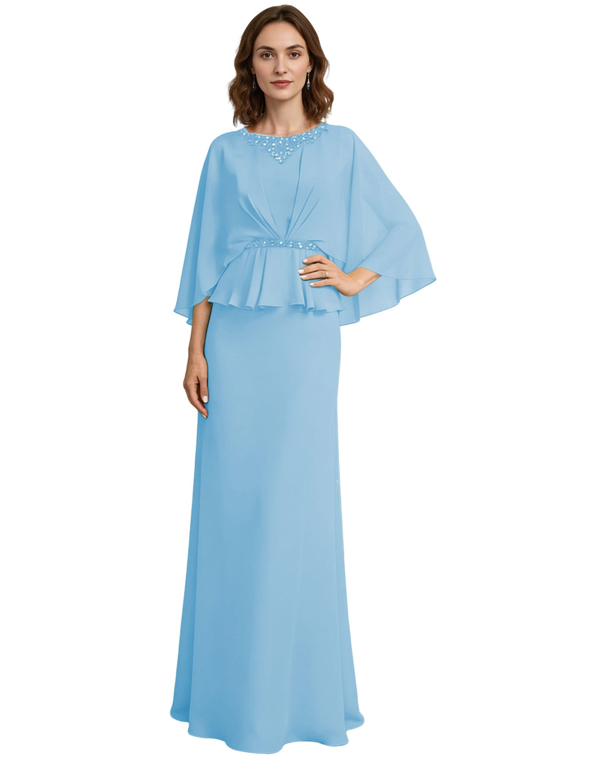 Light blue mother-of-the-bride dress with beaded neckline, capelet sleeves, peplum waist.