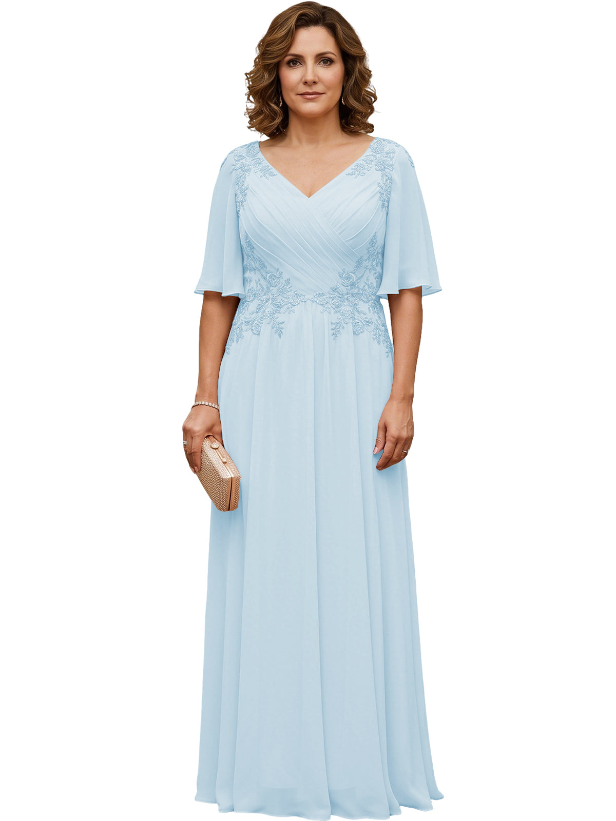 Light blue long chiffon A-line gown with V-neck, flutter sleeves, and beaded lace details