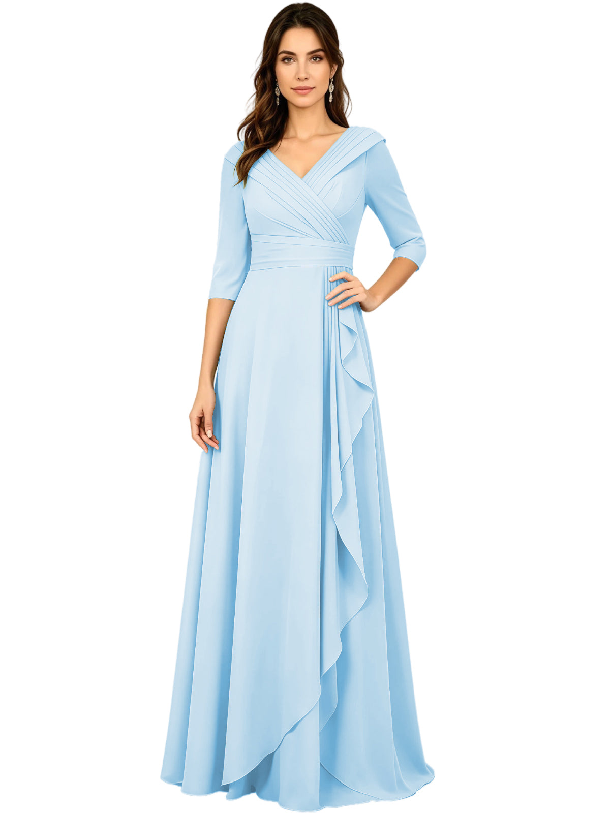 Light blue V-neck A-line mother of the bride dress, half sleeves, side ruffle detail.