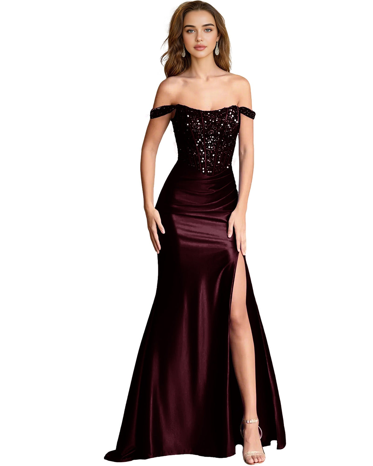 Dark burgundy off-shoulder sequin satin mermaid dress with fitted corset and side slit