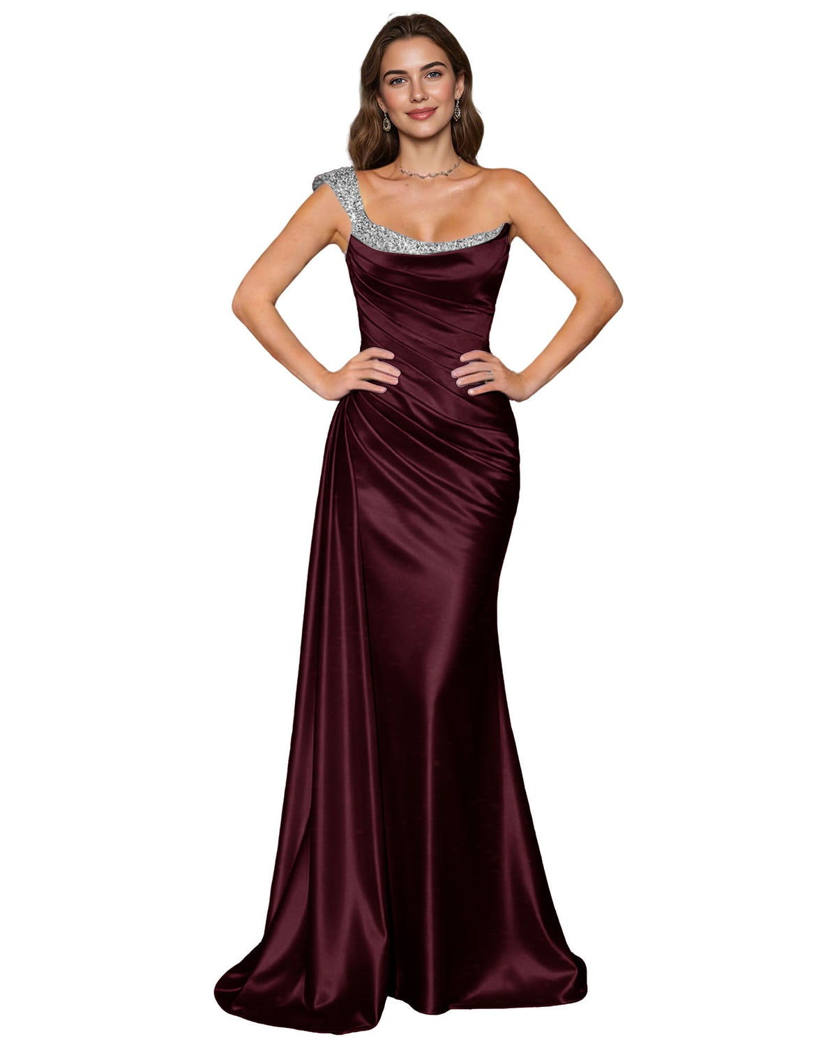 Dark burgundy satin mermaid prom dress with jeweled spaghetti straps and draped cowl neckline
