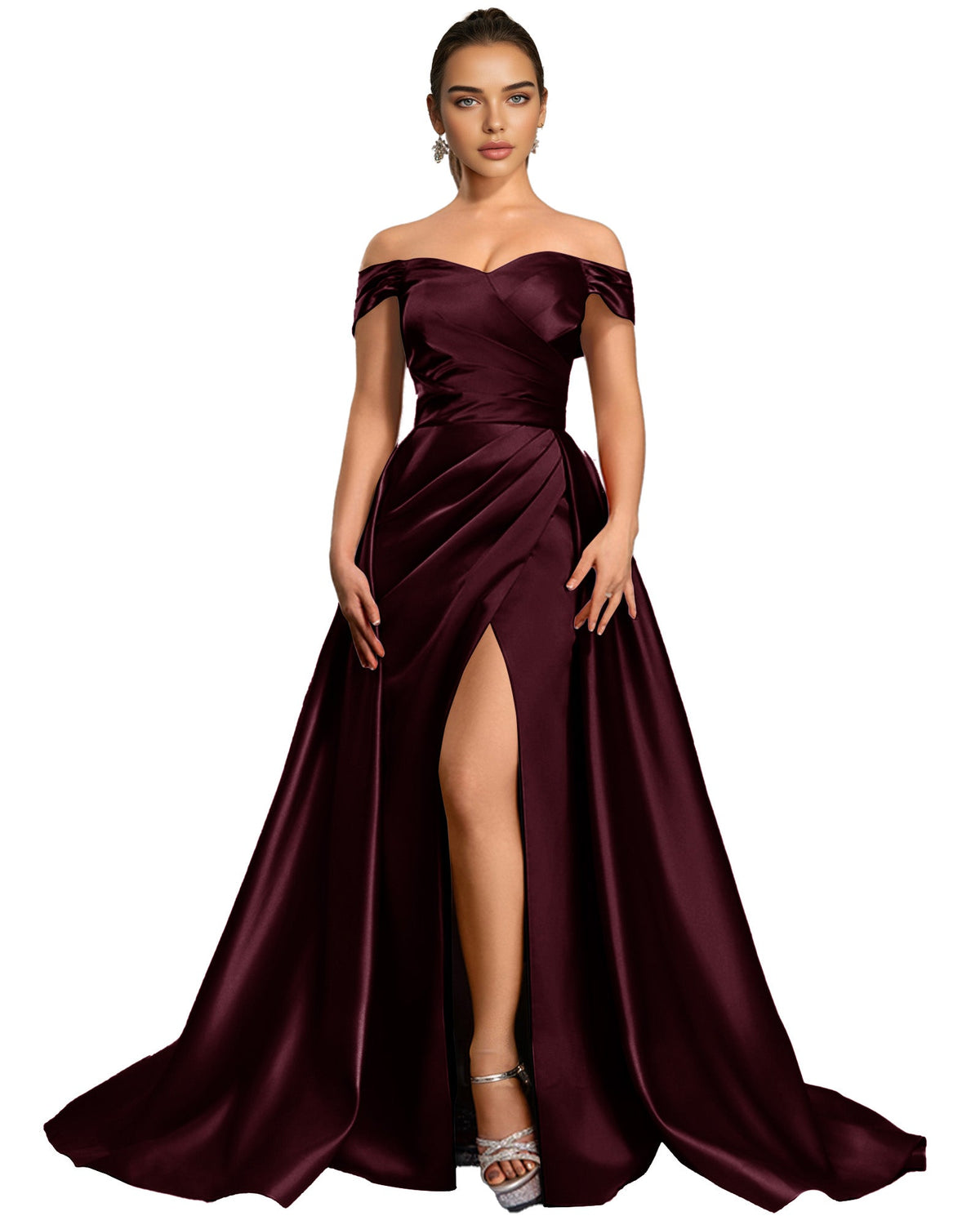 Burgundy off-shoulder satin ball gown with draped bodice and high slit skirt.