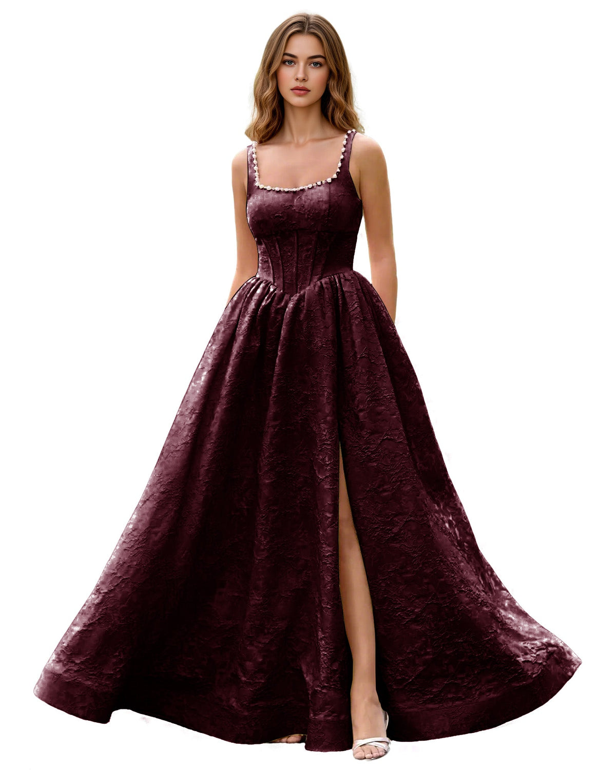 Deep burgundy jacquard prom ball gown with square neckline, wide straps, full skirt slit