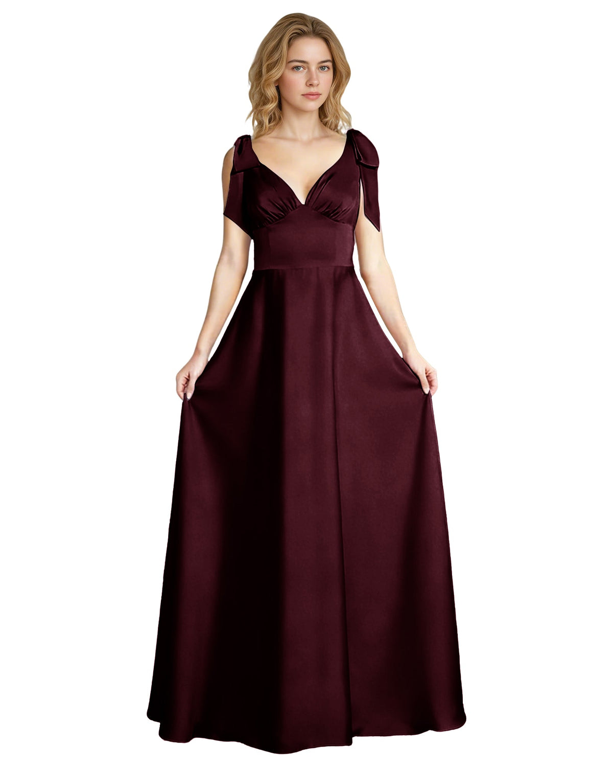 Dark plum satin V-neck bridesmaid dress with bow straps and empire waist, sleeveless