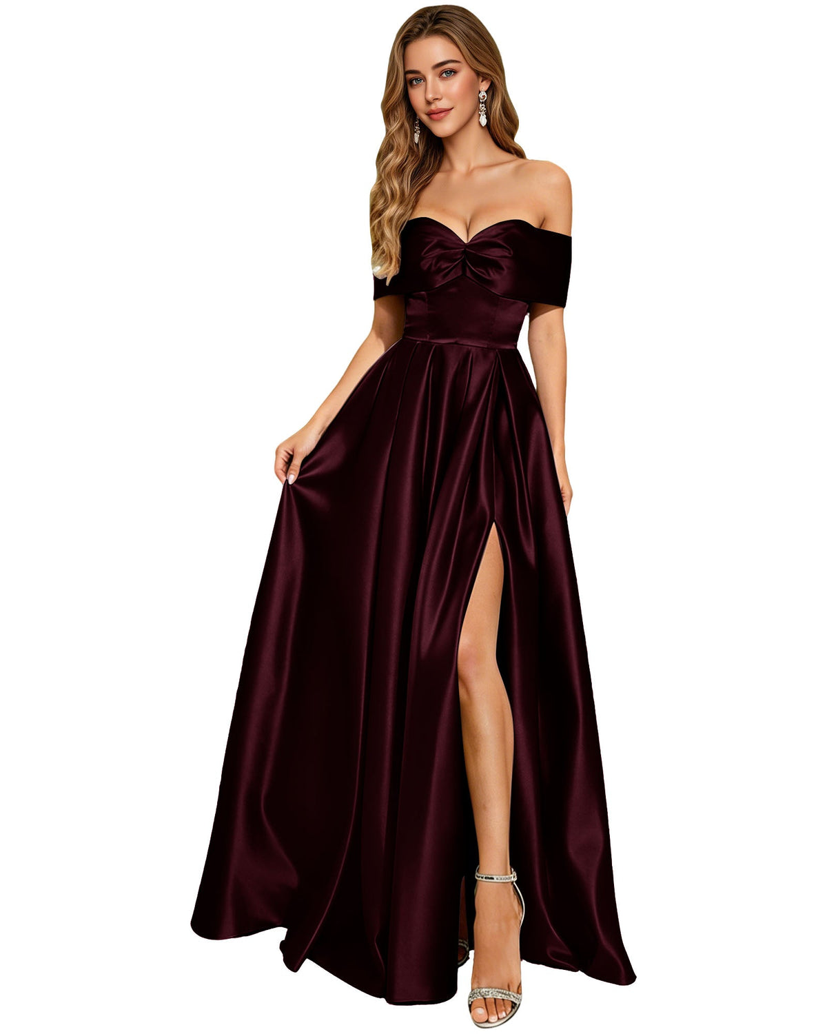 Burgundy strapless satin prom dress with bow, pleated bodice, and thigh-high side slit
