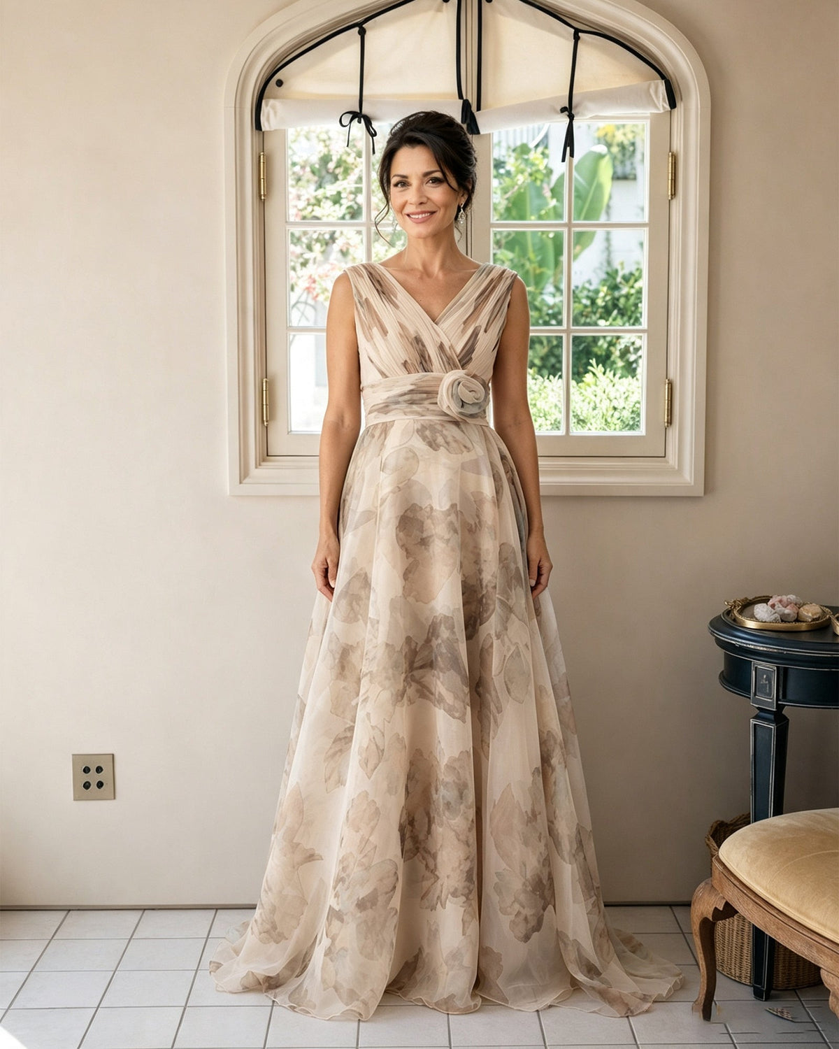 Floral chiffon V-neck mother of the bride dress with rosette sash, sleeveless, light taupe.