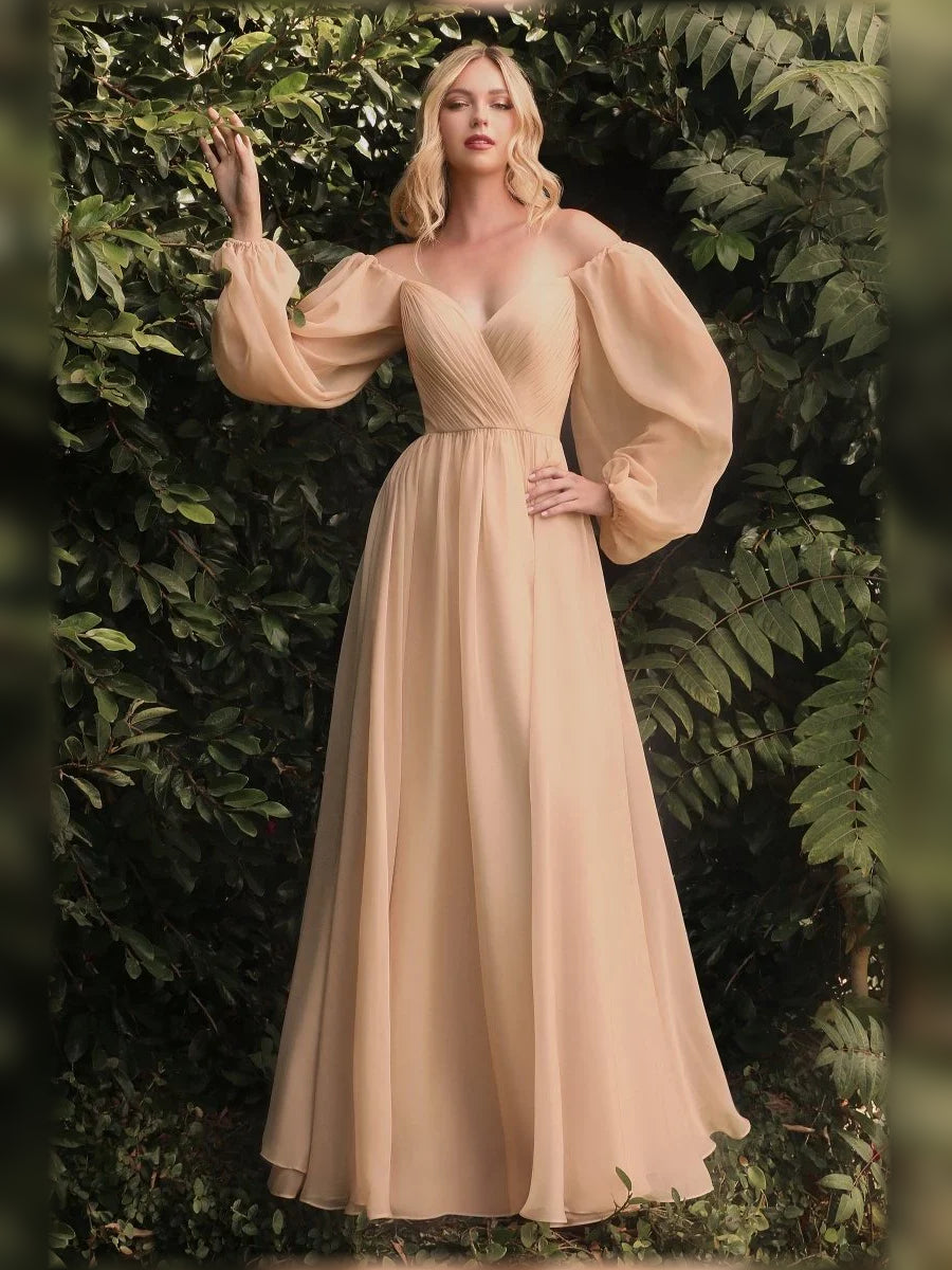 Champagne sweetheart long-sleeve formal dress with off-shoulder puff sleeves and pleats