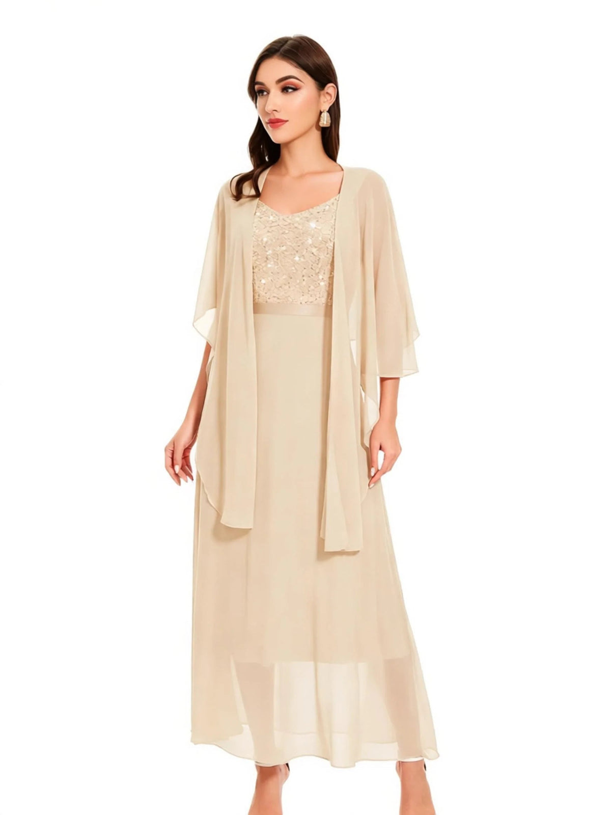 Champagne satin A-line midi mother-of-the-bride dress with V-neck sequin bodice, front view