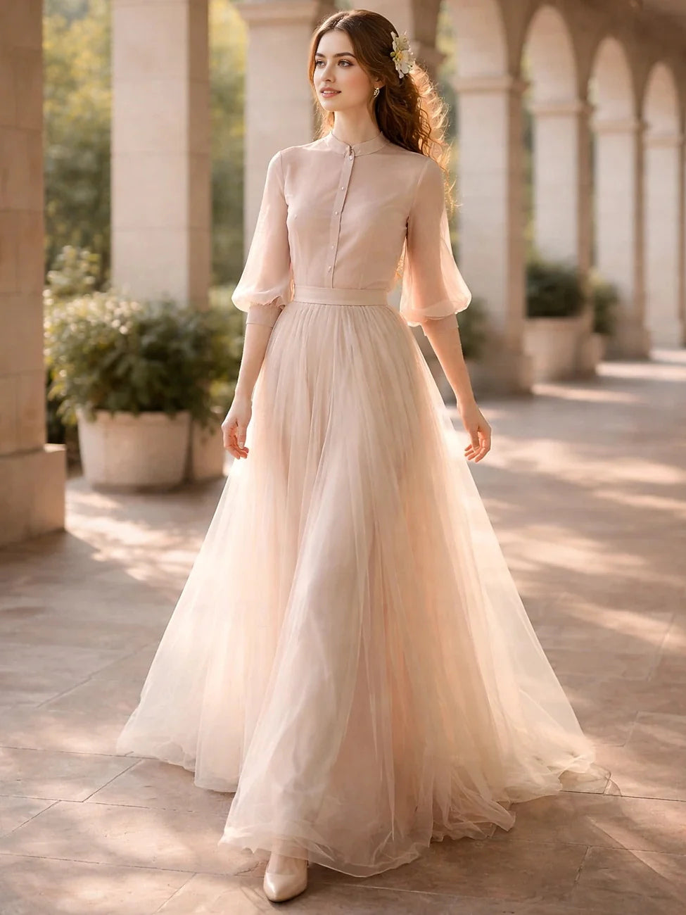 Champagne chiffon A-line maxi prom dress with high neck and billowy skirt