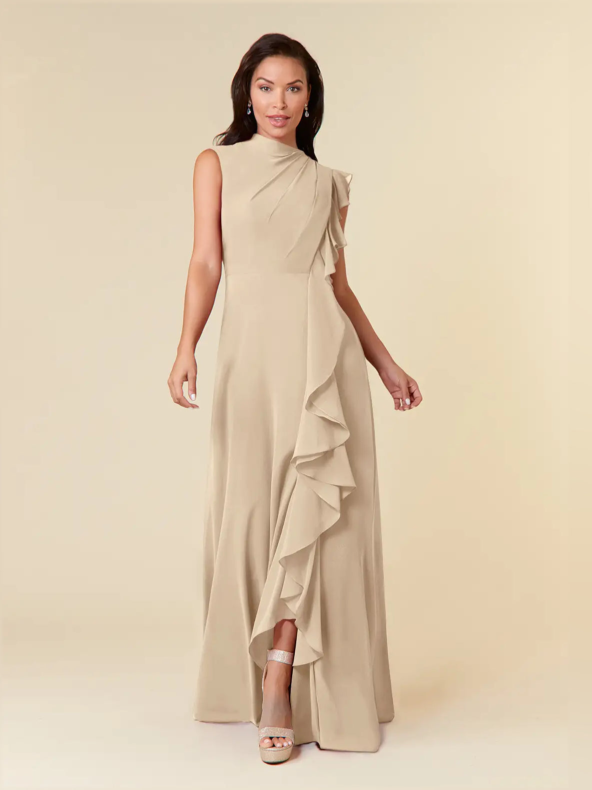 Champagne chiffon maxi dress with high neck and layered ruffle drape, sleeveless A-line