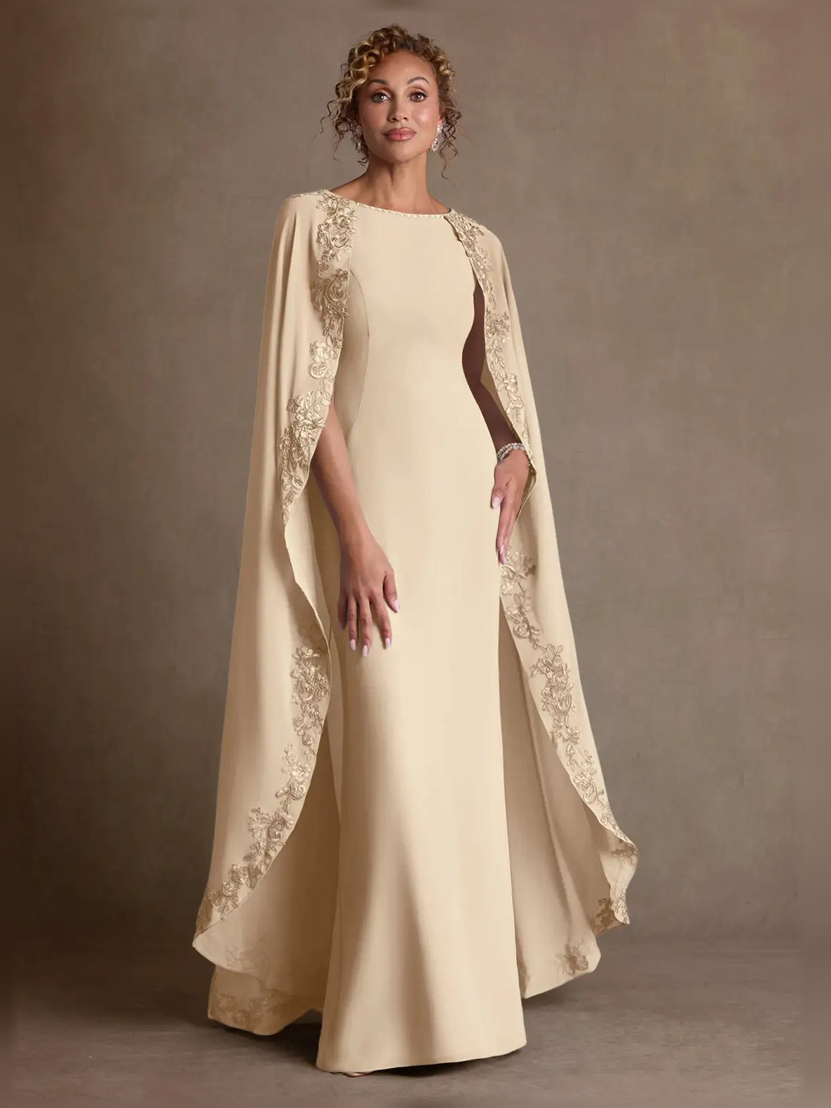 Champagne boat-neck sheath maxi dress with sheer embroidered cape sleeves
