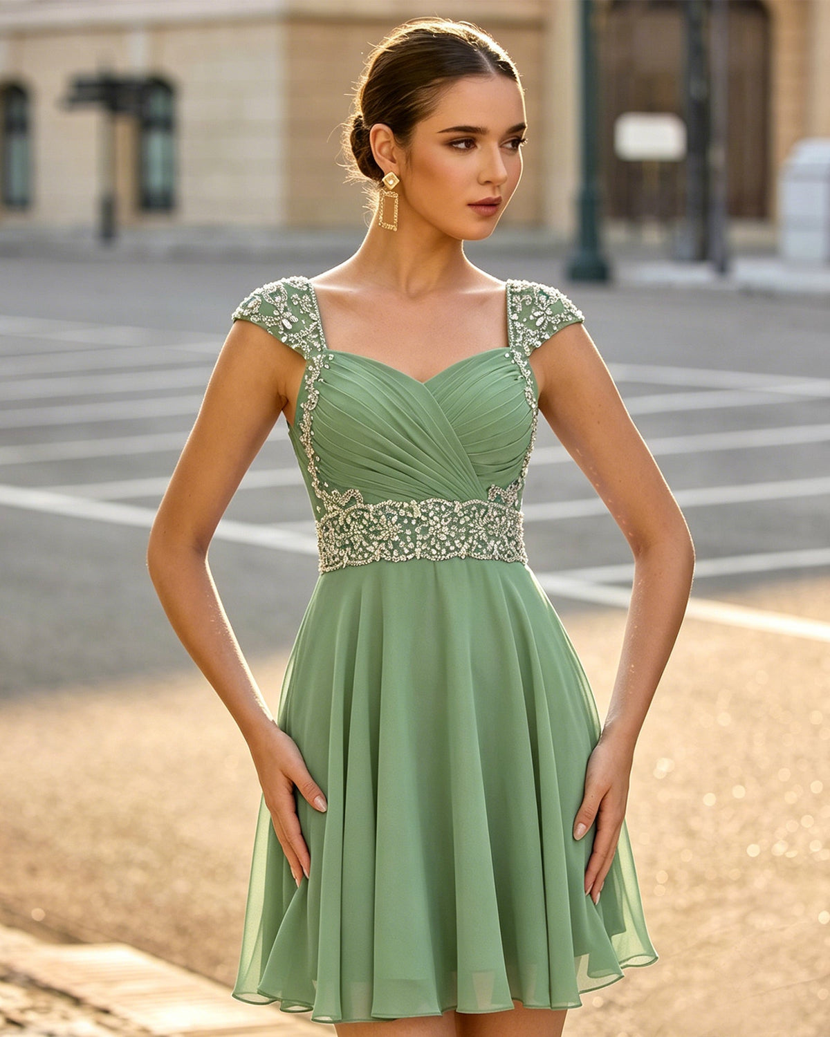Green sweetheart ruched chiffon homecoming dress with beaded cap sleeves
