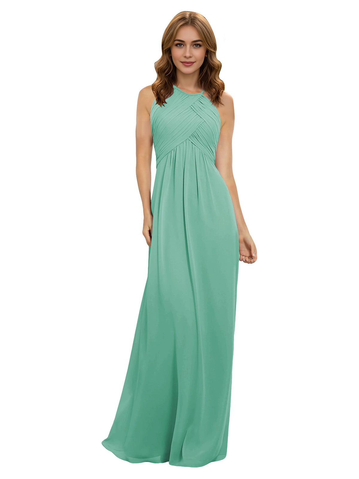 Seafoam green chiffon bridesmaid dress with halter neckline and twist bodice, sleeveless maxi