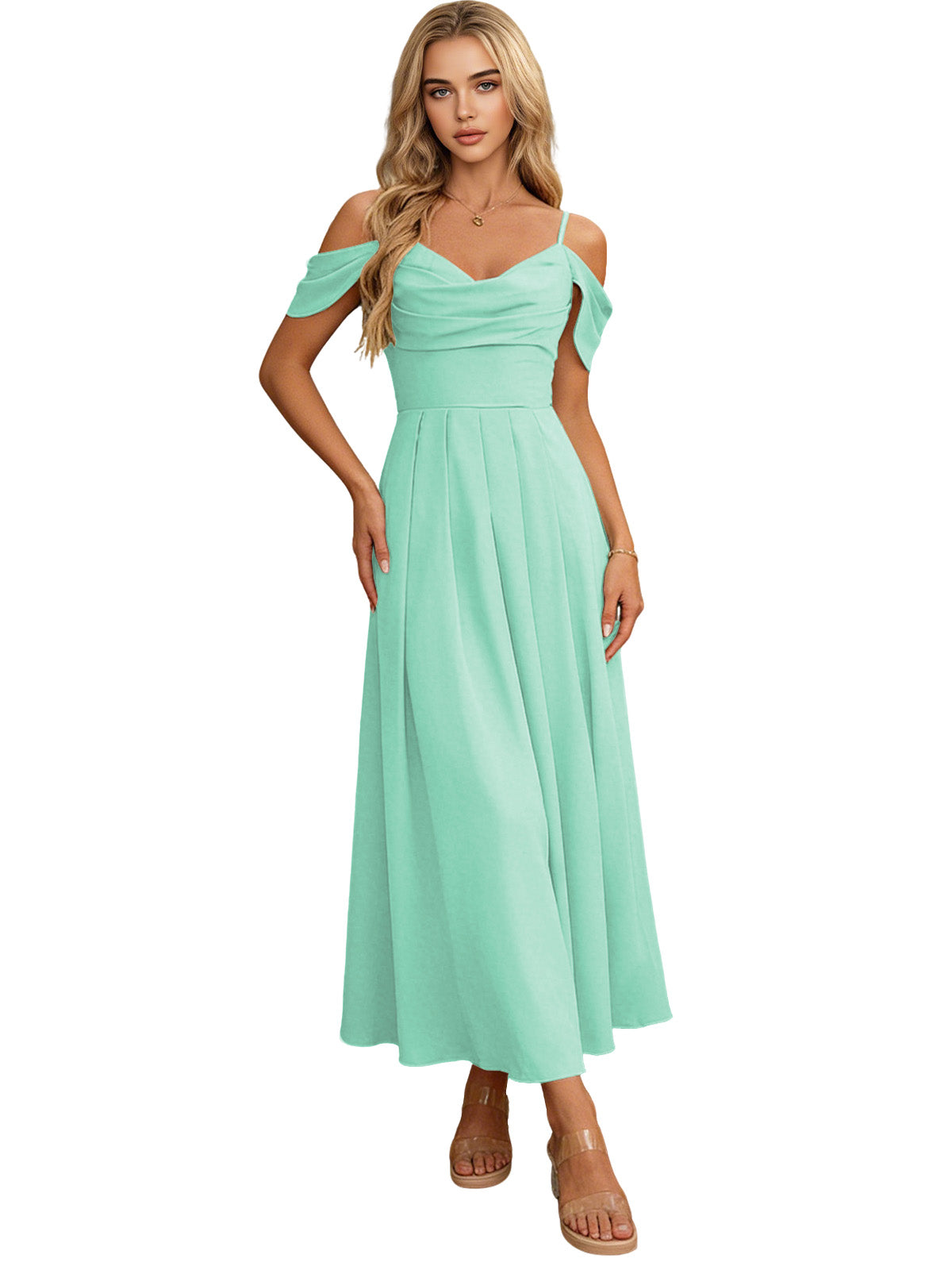 Off-shoulder midi bridesmaid dress in mint green with pleated bodice and flowing skirt