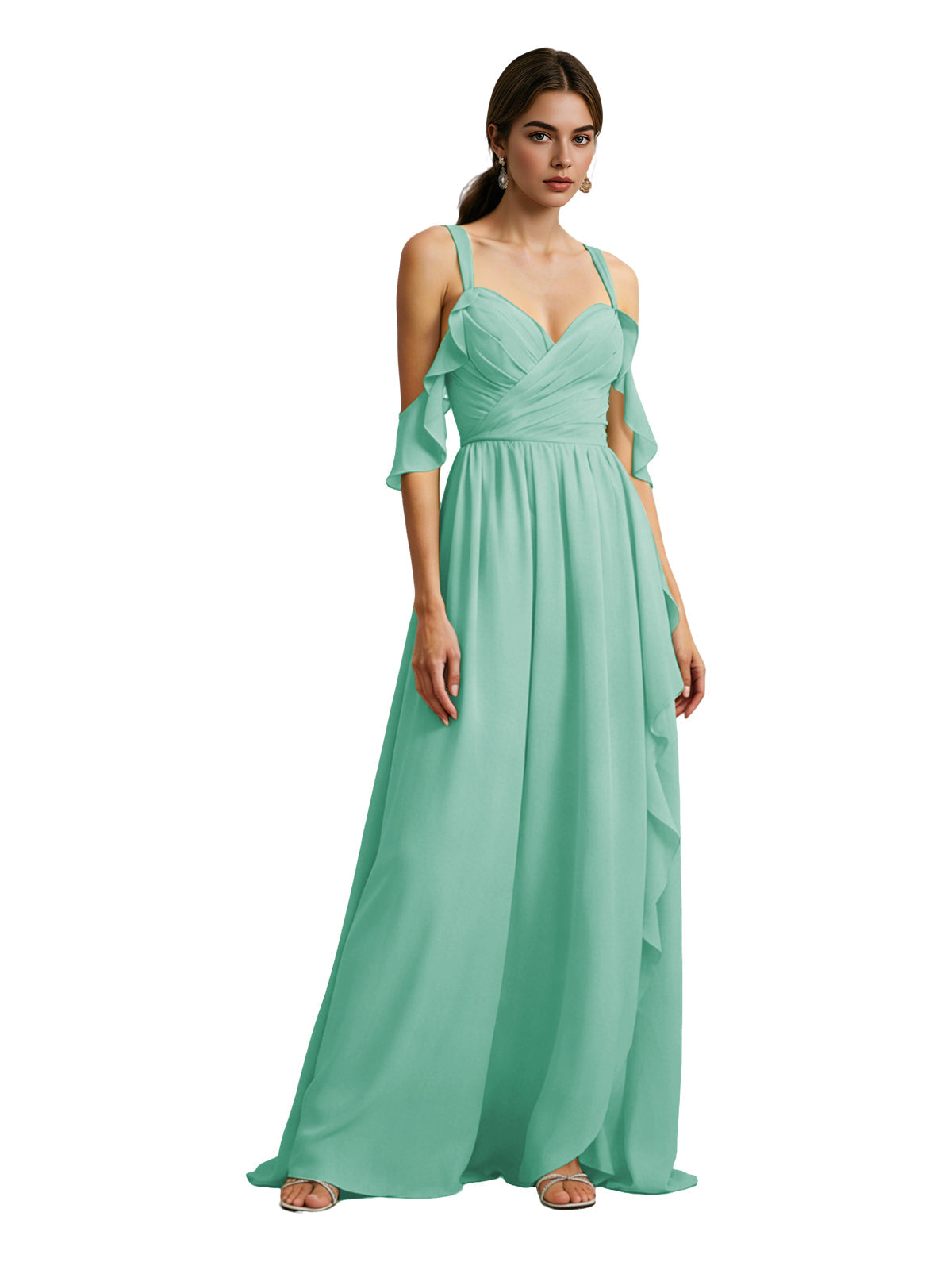Cold-shoulder chiffon dress in seafoam green, draped V-neck bodice, maxi skirt