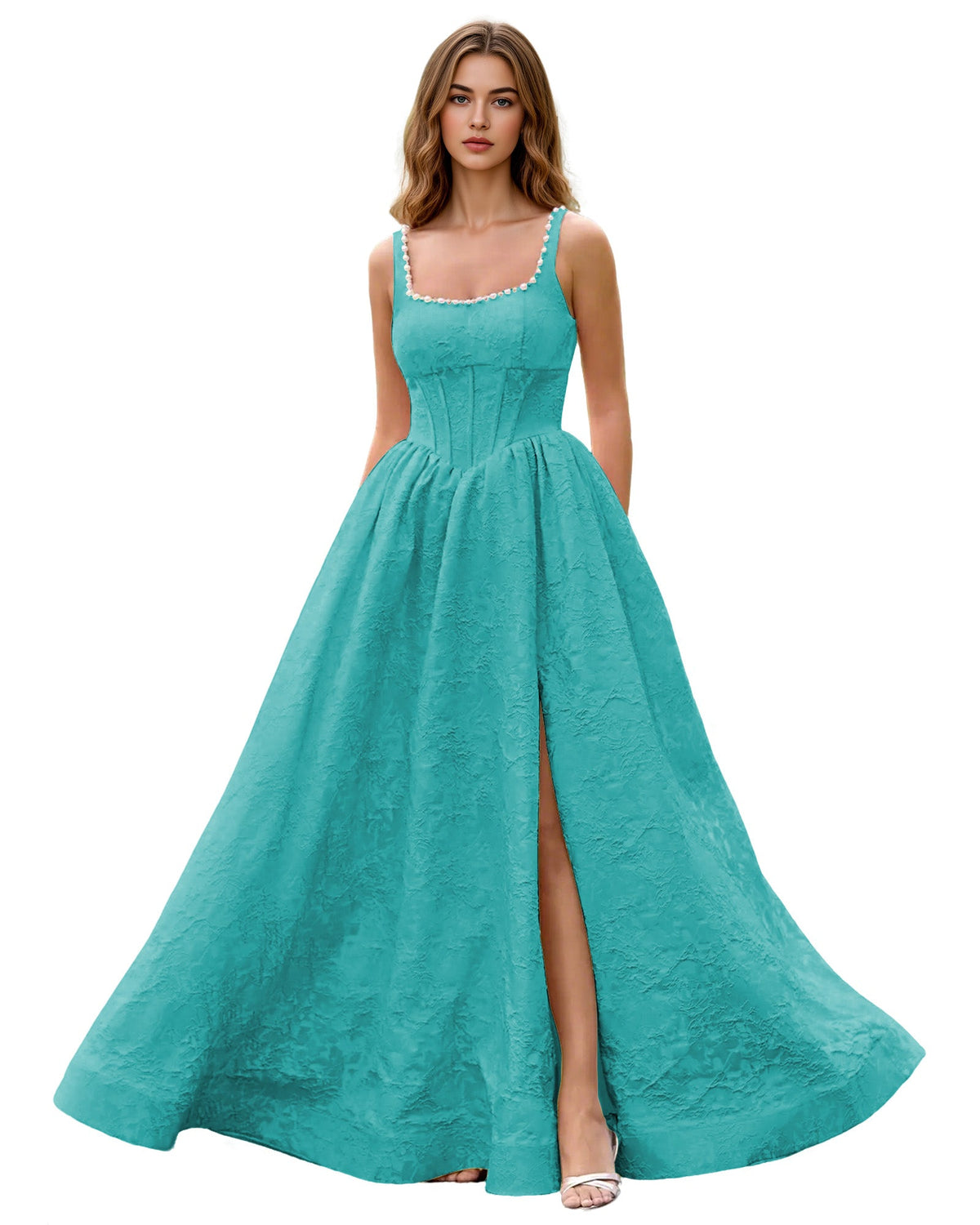 Teal jacquard ball gown with square neckline, wide straps, fitted bodice, full skirt slit
