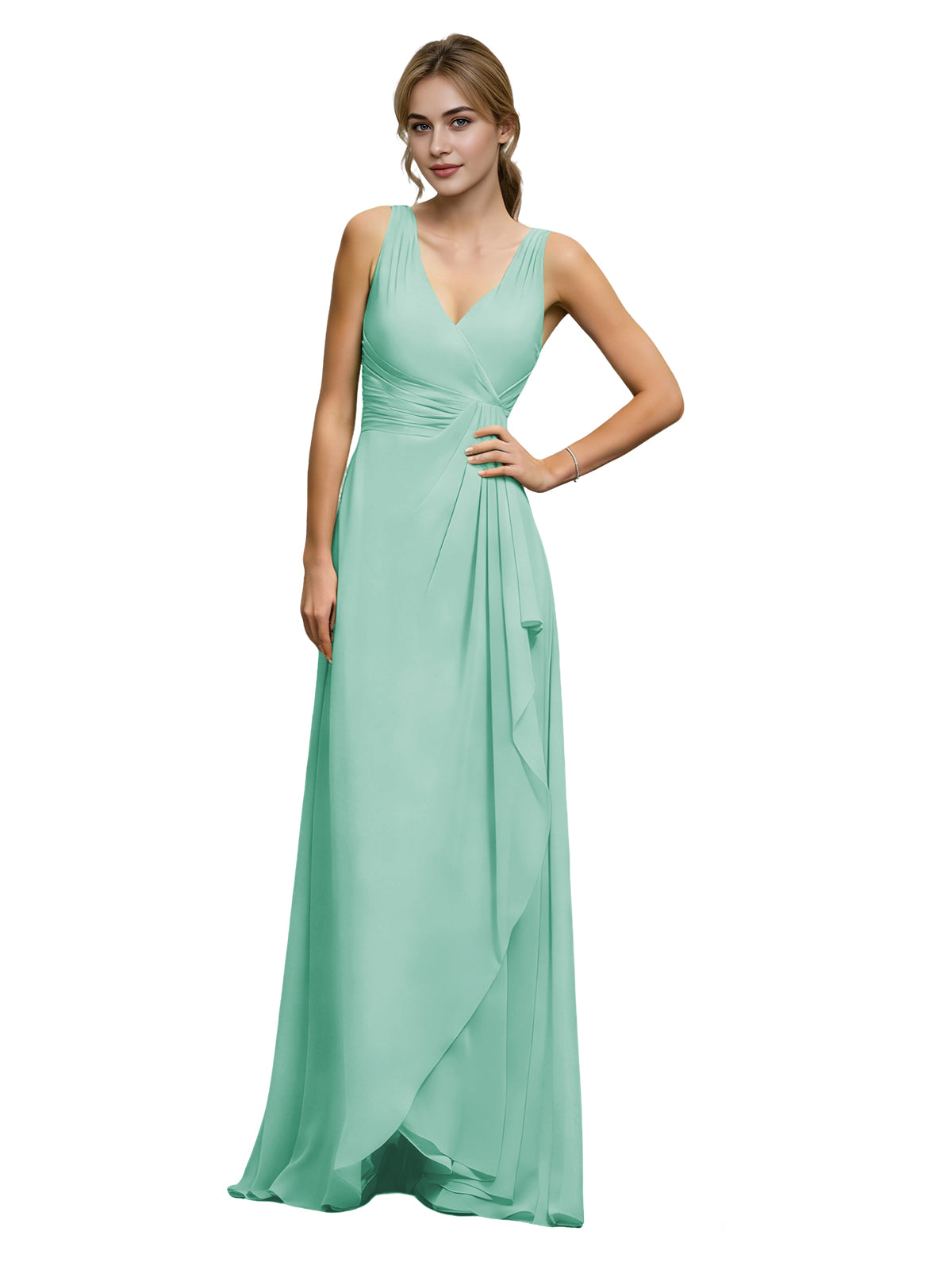 Sage green chiffon bridesmaid dress with halter V-neck and draped sash waist