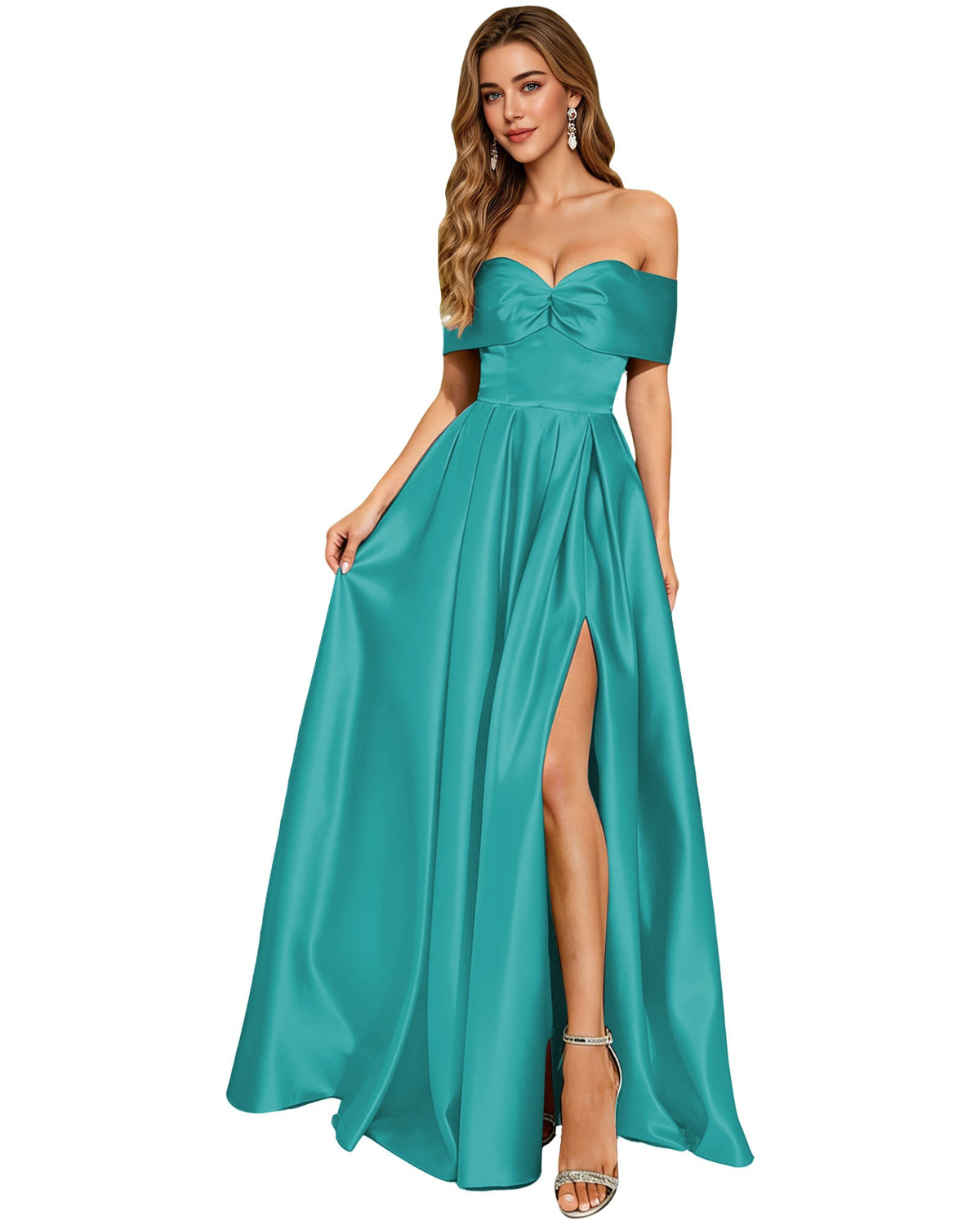 Teal satin strapless A-line prom dress with bow bodice and thigh slit