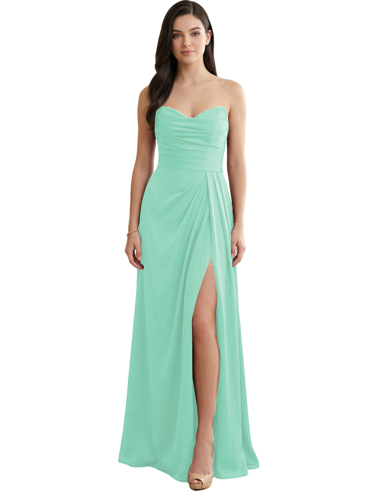 Seafoam green strapless pleated satin bridesmaid dress with side slit