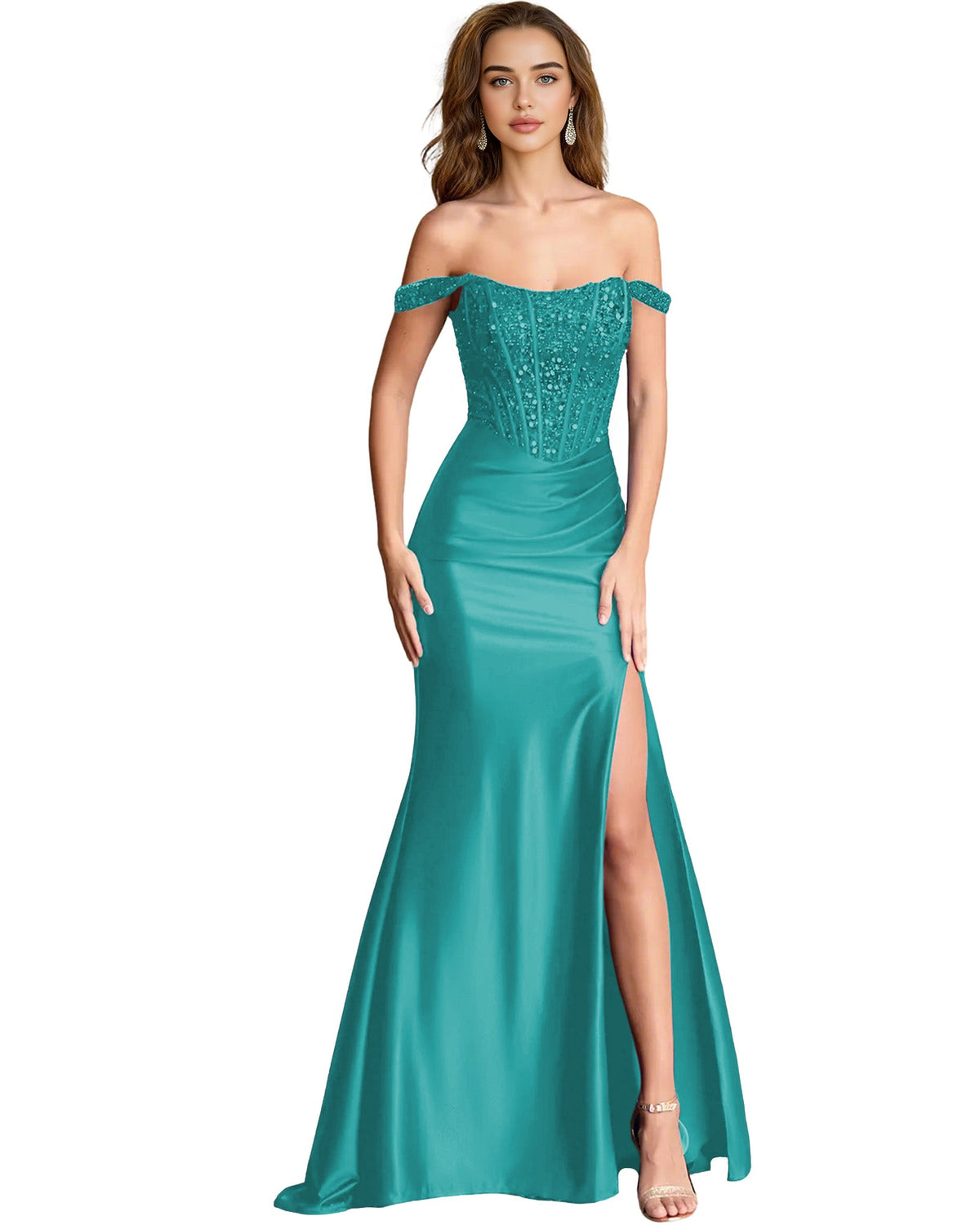 Teal off-shoulder sequin satin mermaid dress with fitted corset and side slit