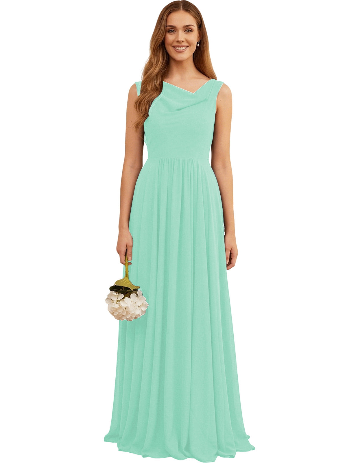 Mint green sleeveless chiffon bridesmaid dress with V-neck and pleated bodice
