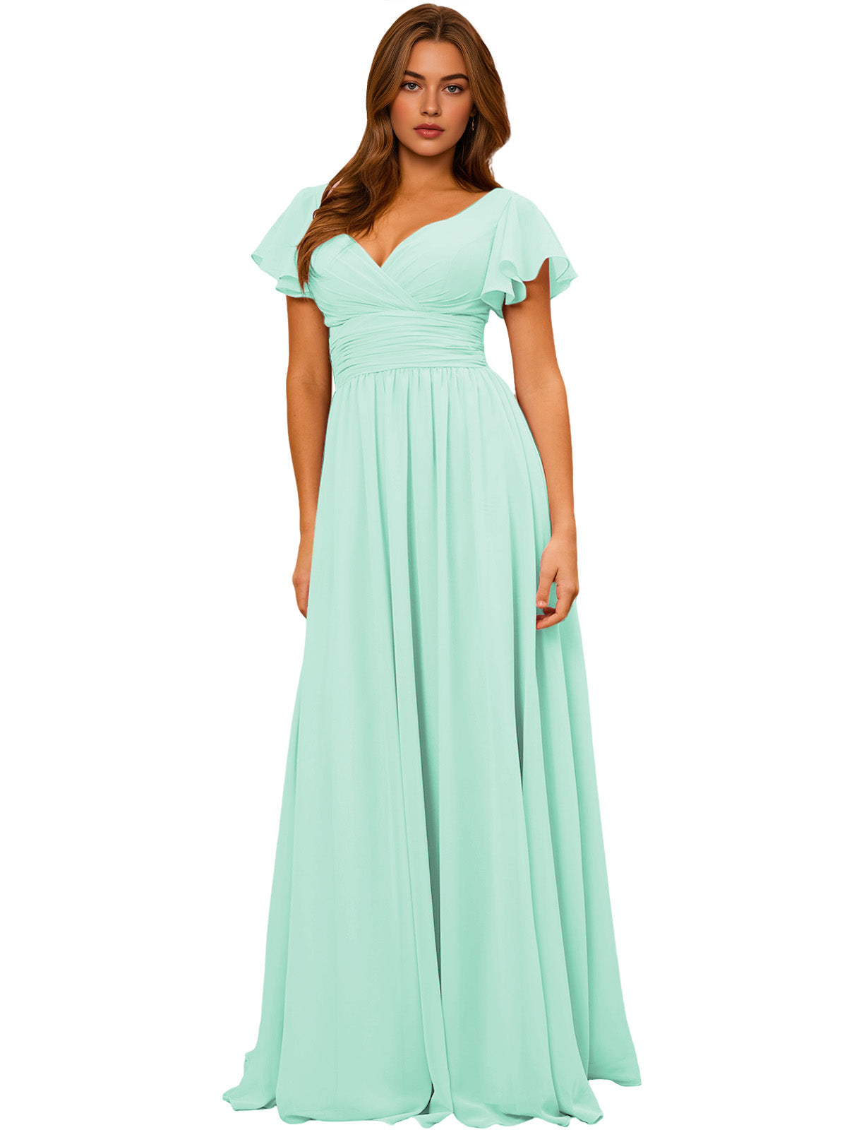 Mint green V-neck chiffon bridesmaid dress with flutter sleeves and empire waist