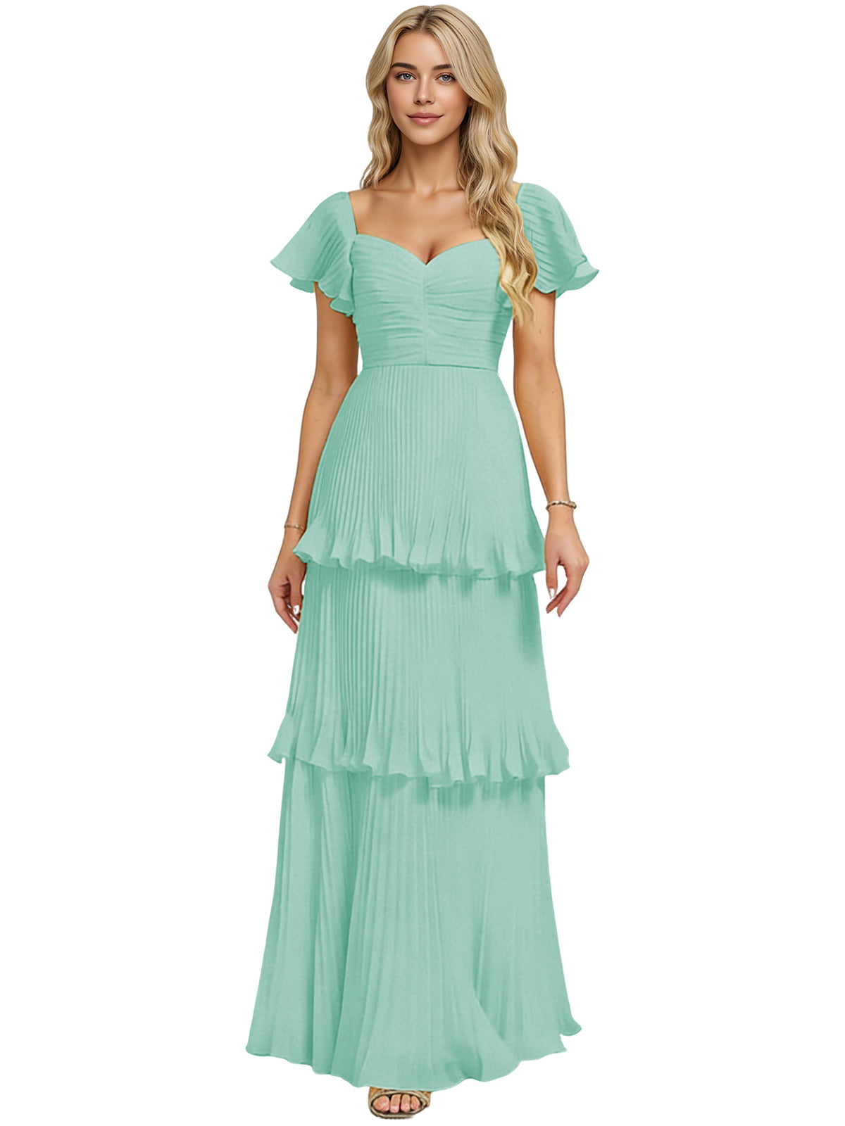 Green tiered ruffle chiffon bridesmaid dress with sweetheart neckline and flutter sleeves, maxi length