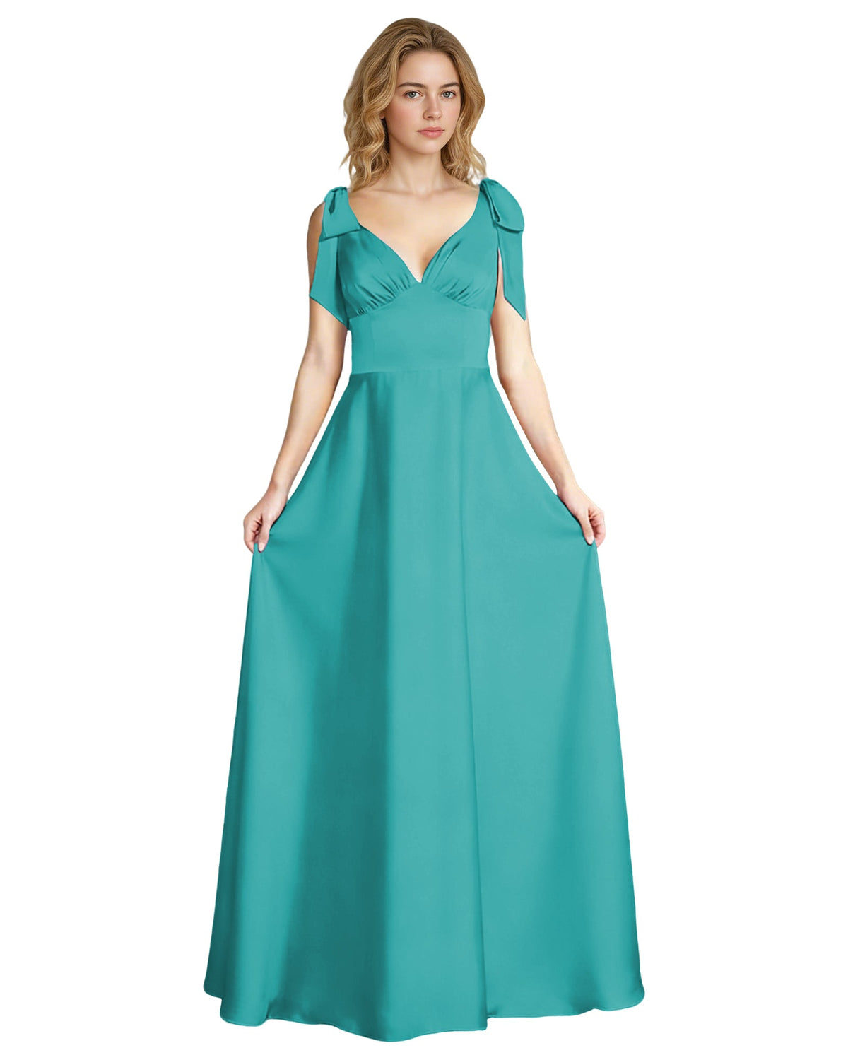 Turquoise satin V-neck bridesmaid dress with bow straps and empire waist, sleeveless