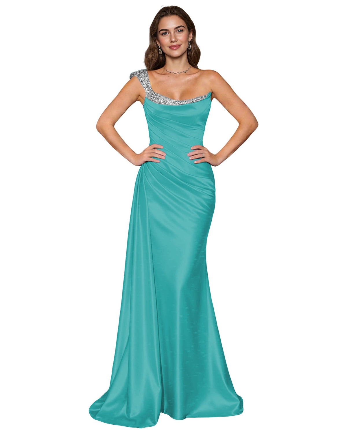 Turquoise satin mermaid prom dress with draped cowl neckline and rhinestone spaghetti straps