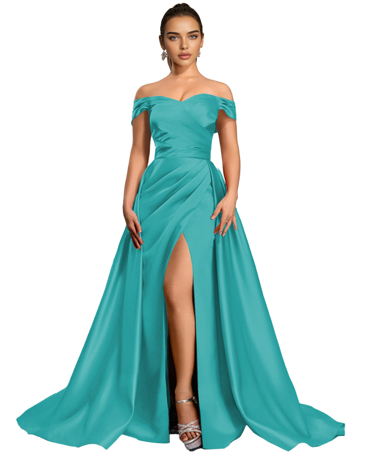 Turquoise off-shoulder satin ball gown with draped bodice and high slit skirt.