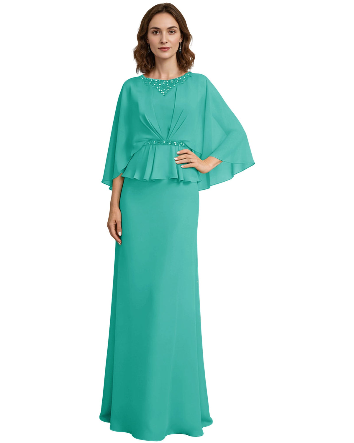 Teal green mother-of-the-bride formal dress with beaded neckline, capelet sleeves, peplum waist.