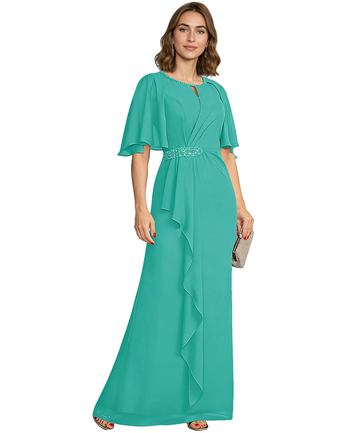 Chiffon A-line mother-of-the-bride dress with flutter sleeves, beaded waist, teal green drape
