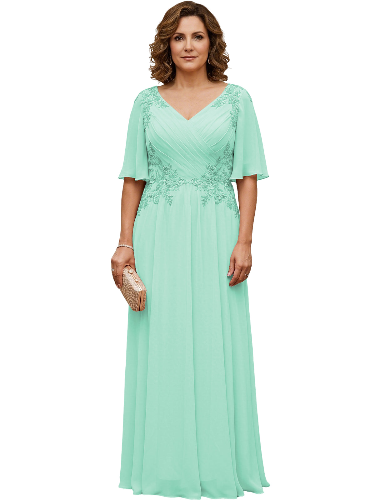 Mint green long chiffon A-line gown with V-neck, flutter sleeves, and beaded lace details