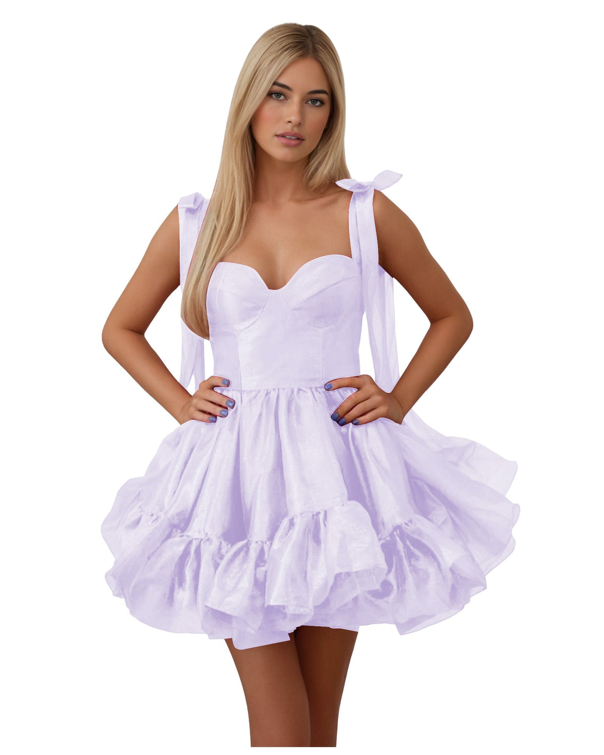 Satin corset homecoming dress in lavender with bow shoulder straps and layered ruffle skirt