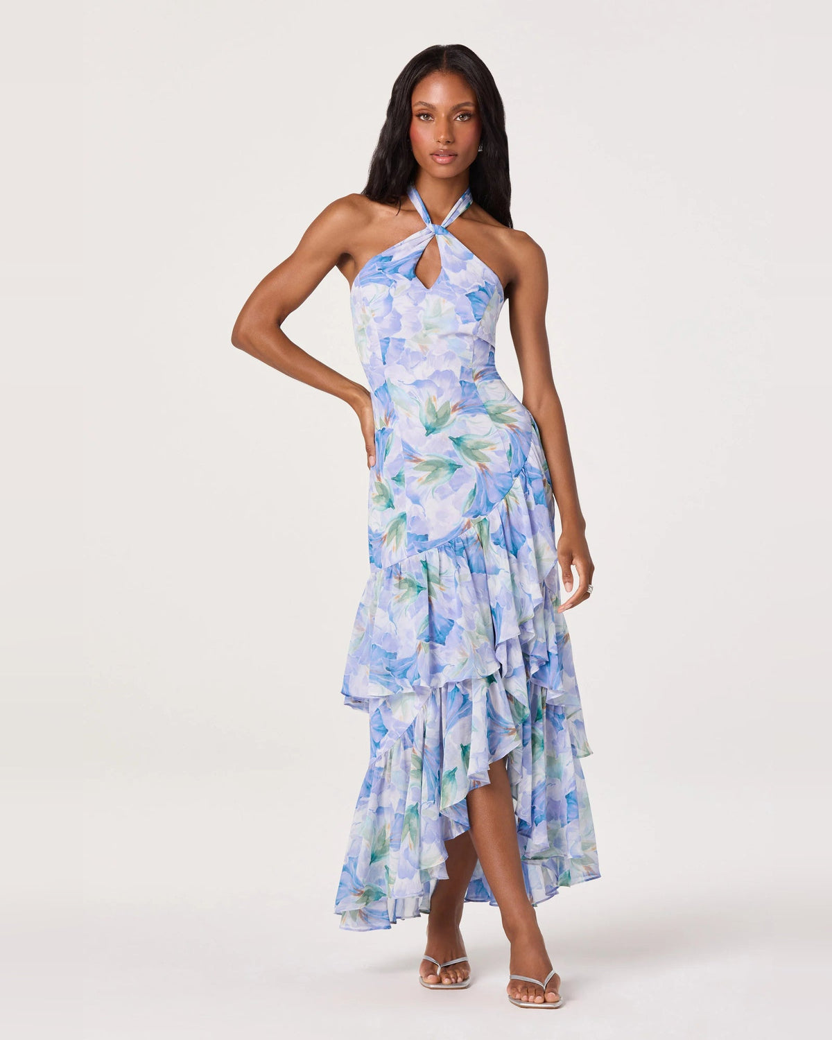 Pastel blue floral halter neck high-low A-line dress with draped tiered skirt