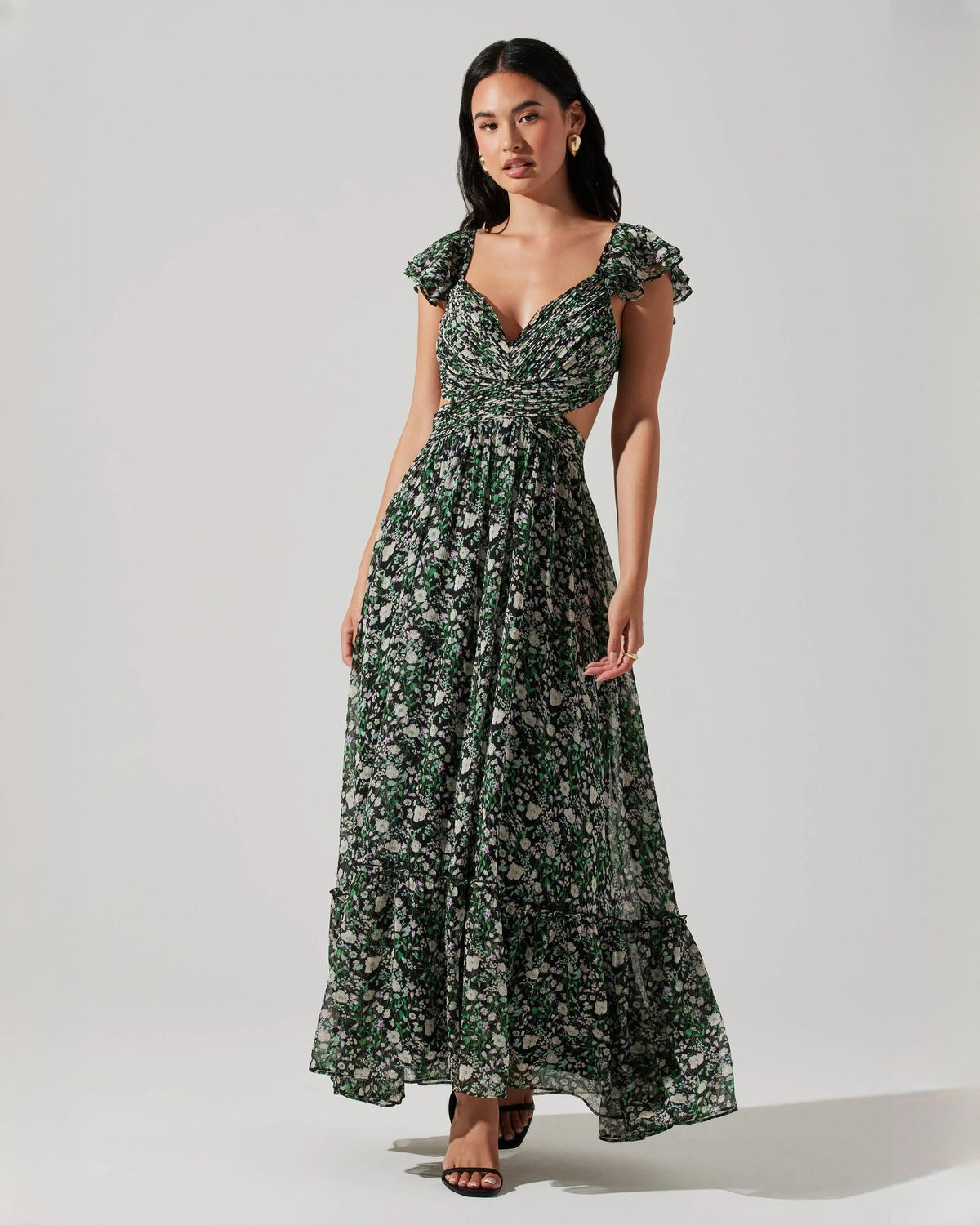 Floral chiffon maxi A-line dress with V-neck, sleeveless bodice and gathered skirt