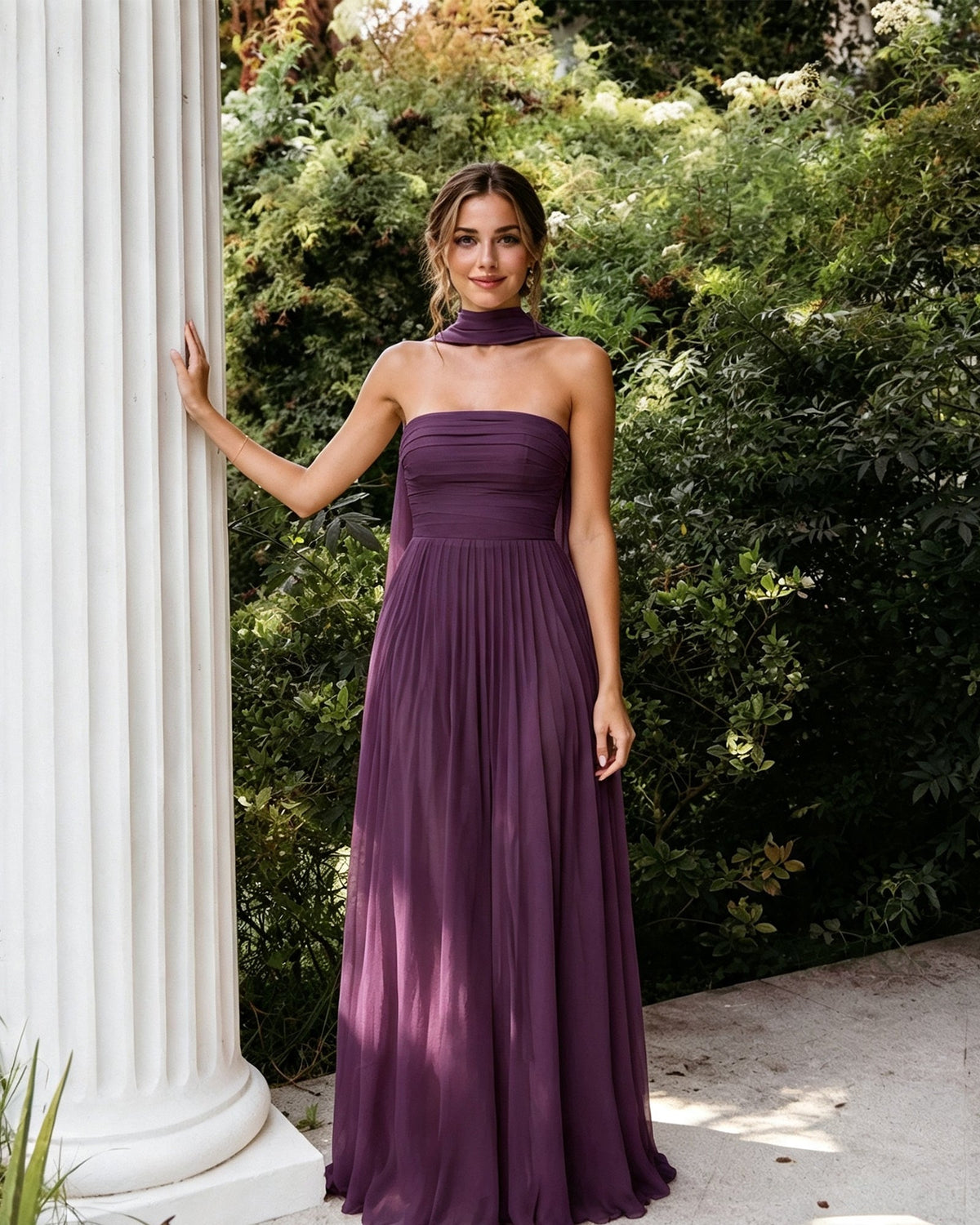 Deep purple strapless chiffon A-line bridesmaid dress with pleated bodice and neck scarf