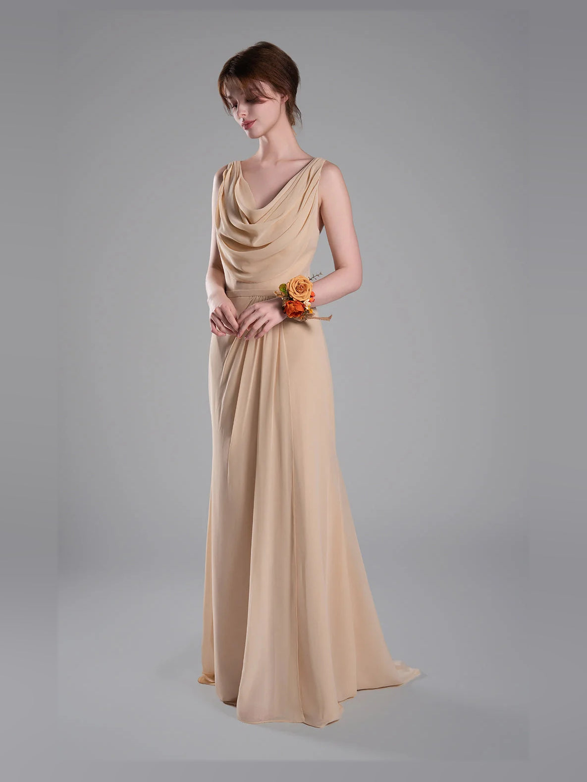Beige cowl-neck sleeveless maxi sheath dress with draped bodice and soft chiffon