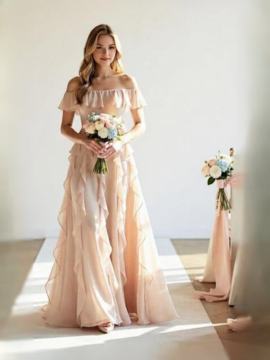 Draped ruffled off-shoulder chiffon maxi A-line dress in beige