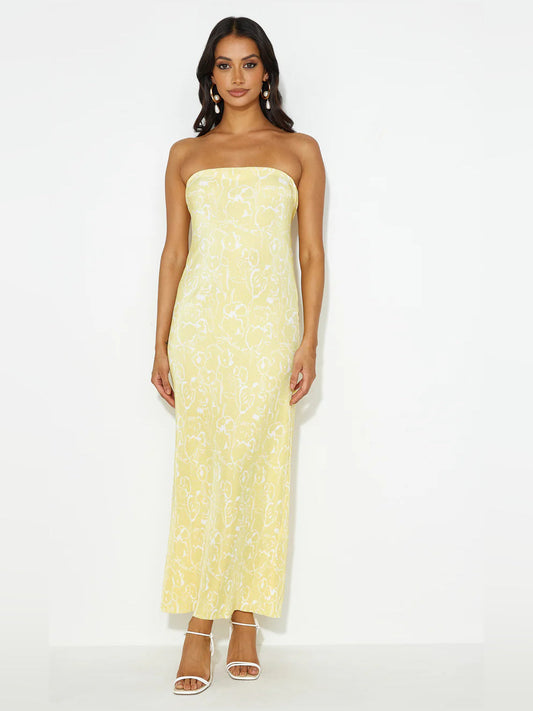 Yellow strapless sheath maxi dress, front view, allover floral print