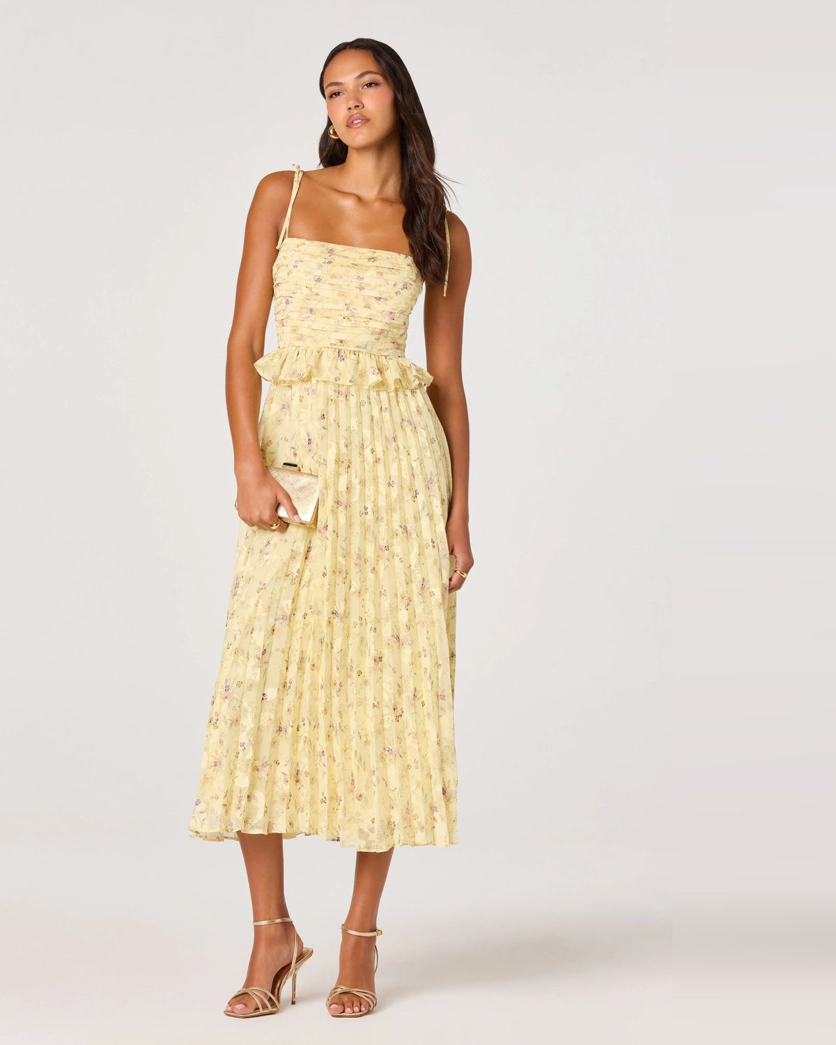 Yellow floral midi A-line dress with spaghetti straps and pleated bodice