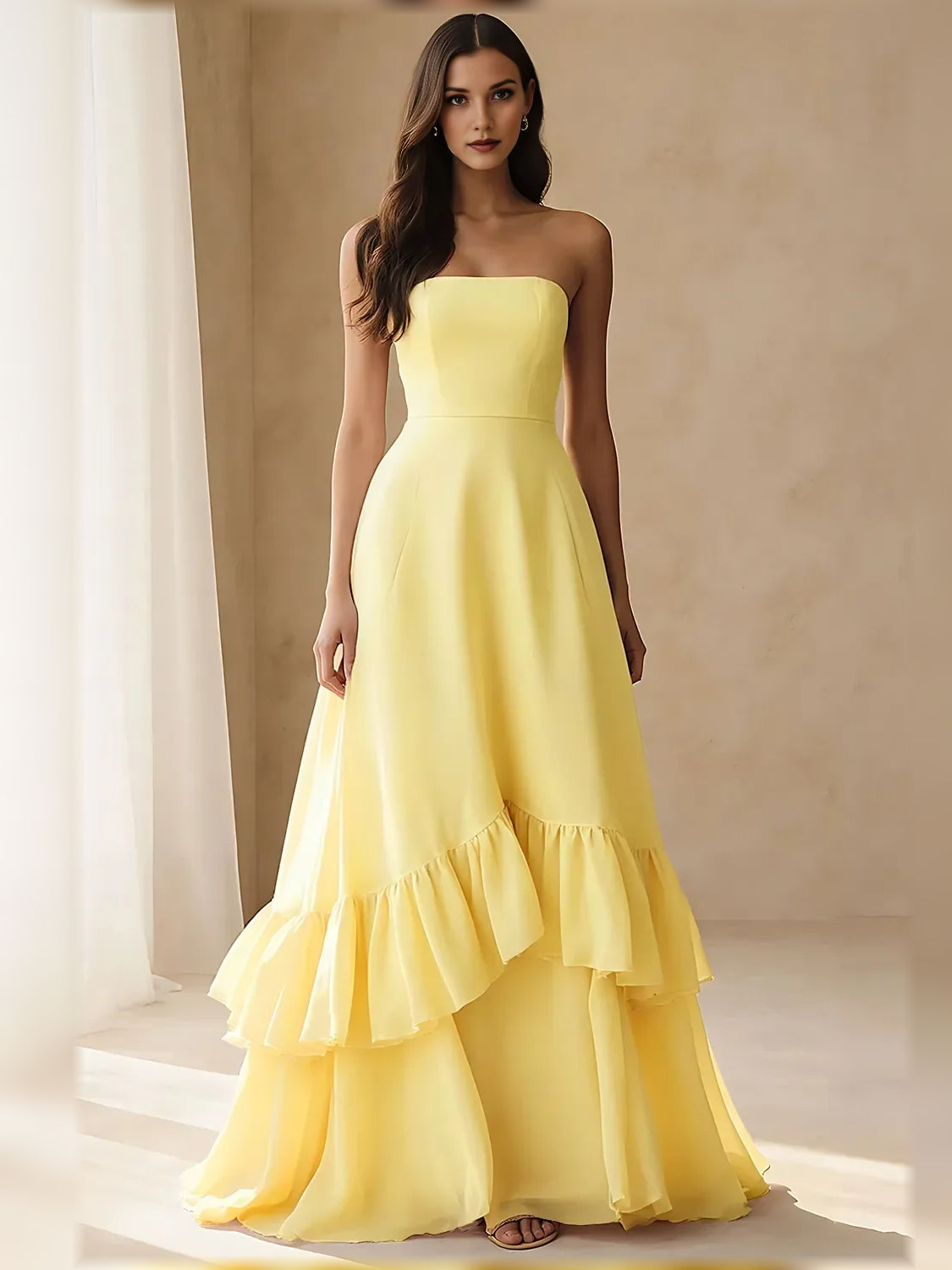 Strapless tiered ruffle A-line formal dress in yellow chiffon, full length