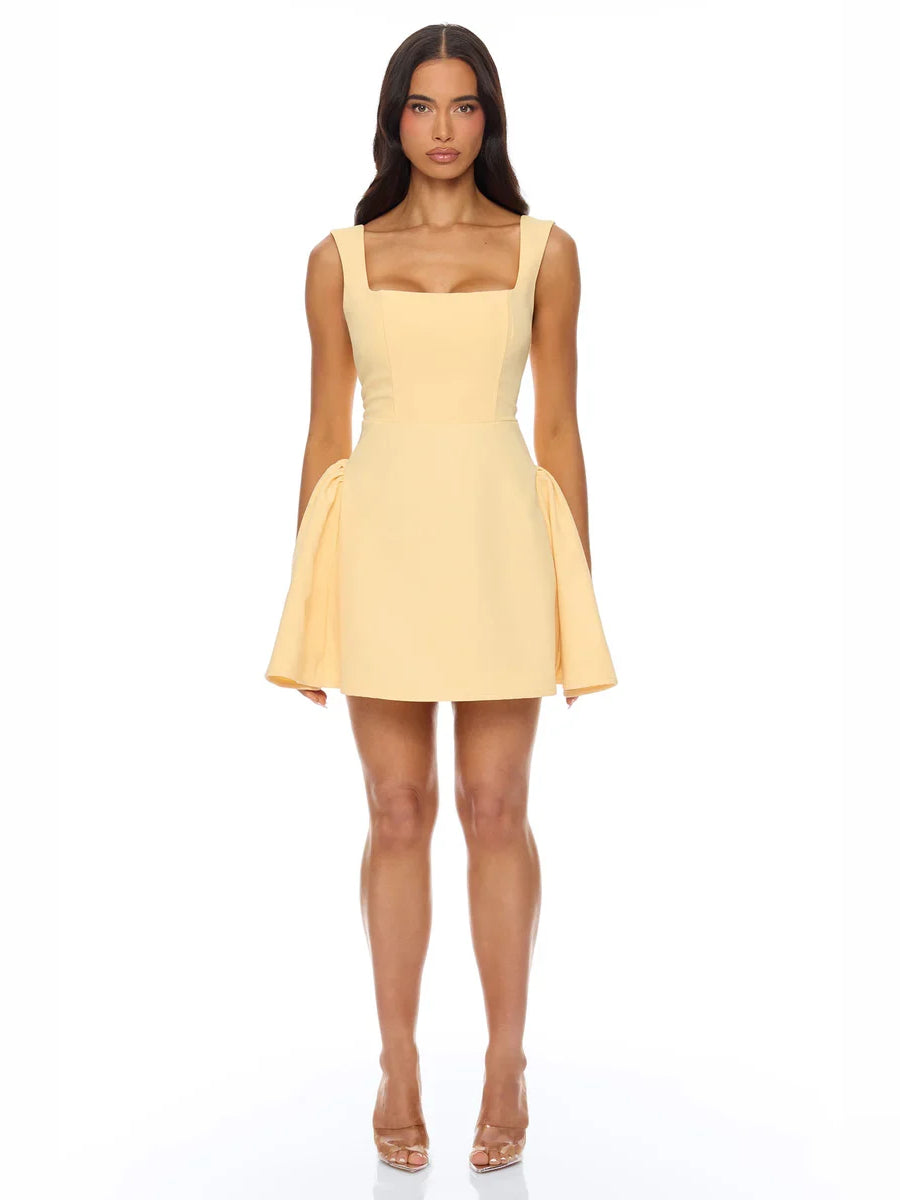 Yellow pleated square-neck A-line mini dress with fitted bodice and flared skirt