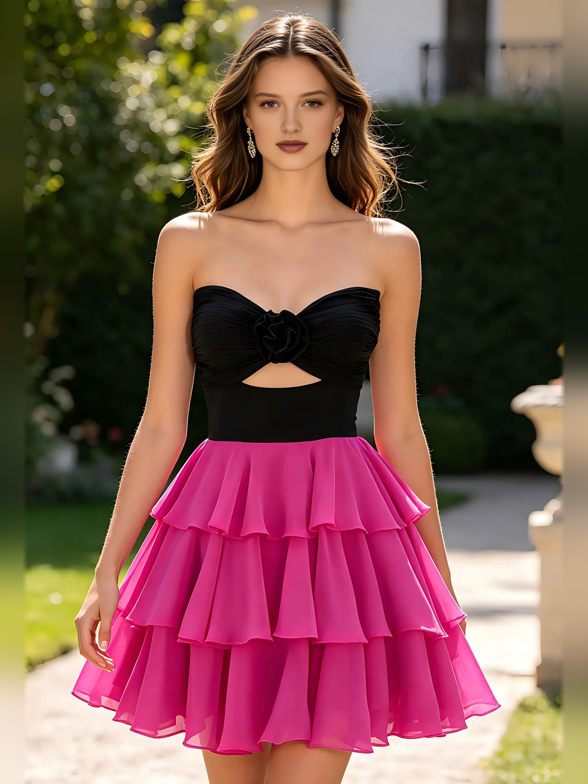 Black strapless bodice with fuchsia tiered mini chiffon skirt, sweetheart neckline