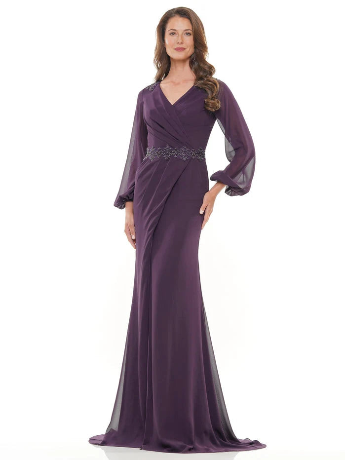 Eggplant purple V-neck chiffon mother-of-the-bride dress with beaded waist and flared hem