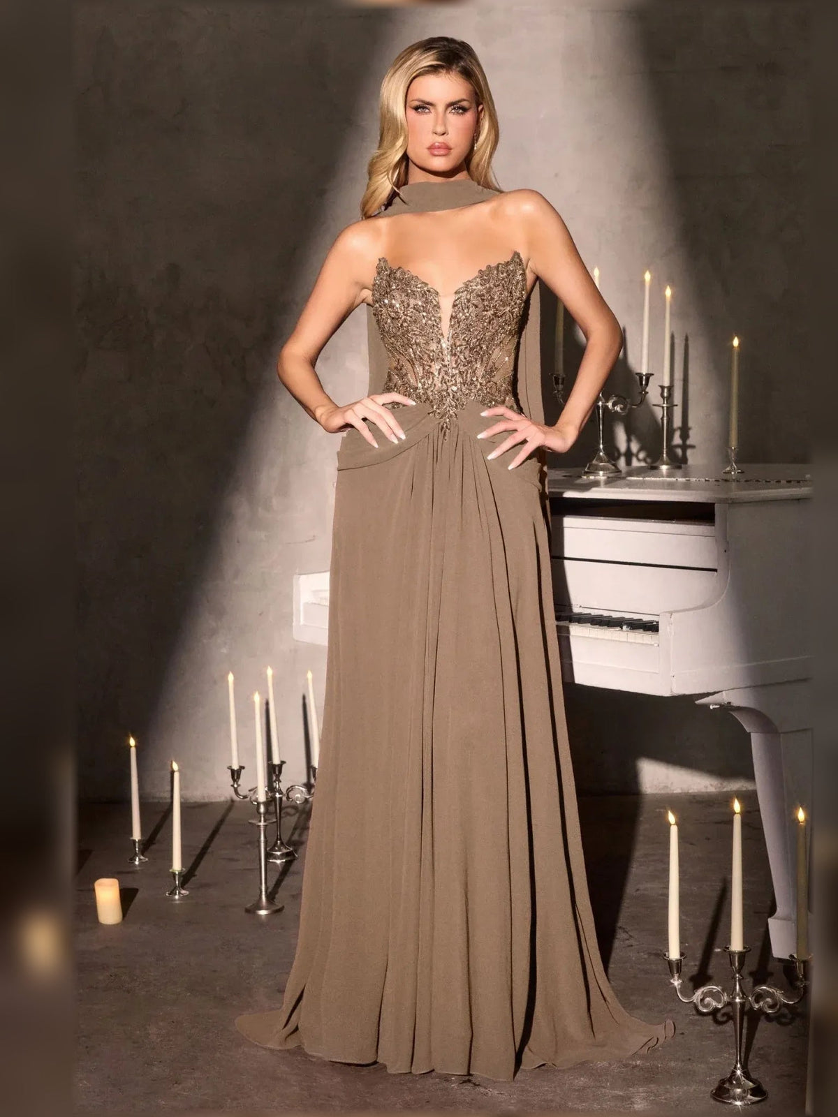 Khaki strapless A-line chiffon gown with beaded sweetheart neckline and pleated skirt