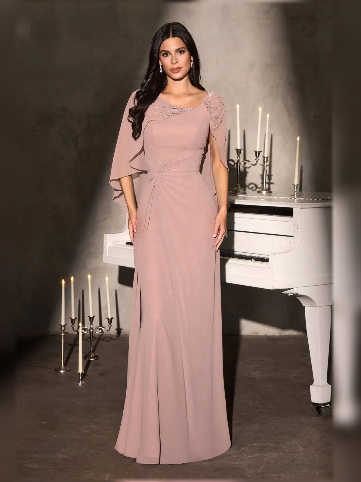 Nude chiffon scoop-neck column gown with ruched bodice and elbow-length sheer sleeves