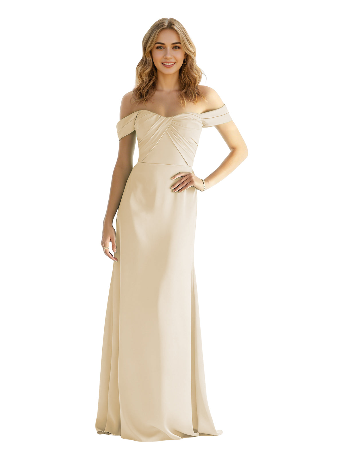 Off-shoulder satin bridesmaid dress with wrapped bodice, champagne beige, floor length