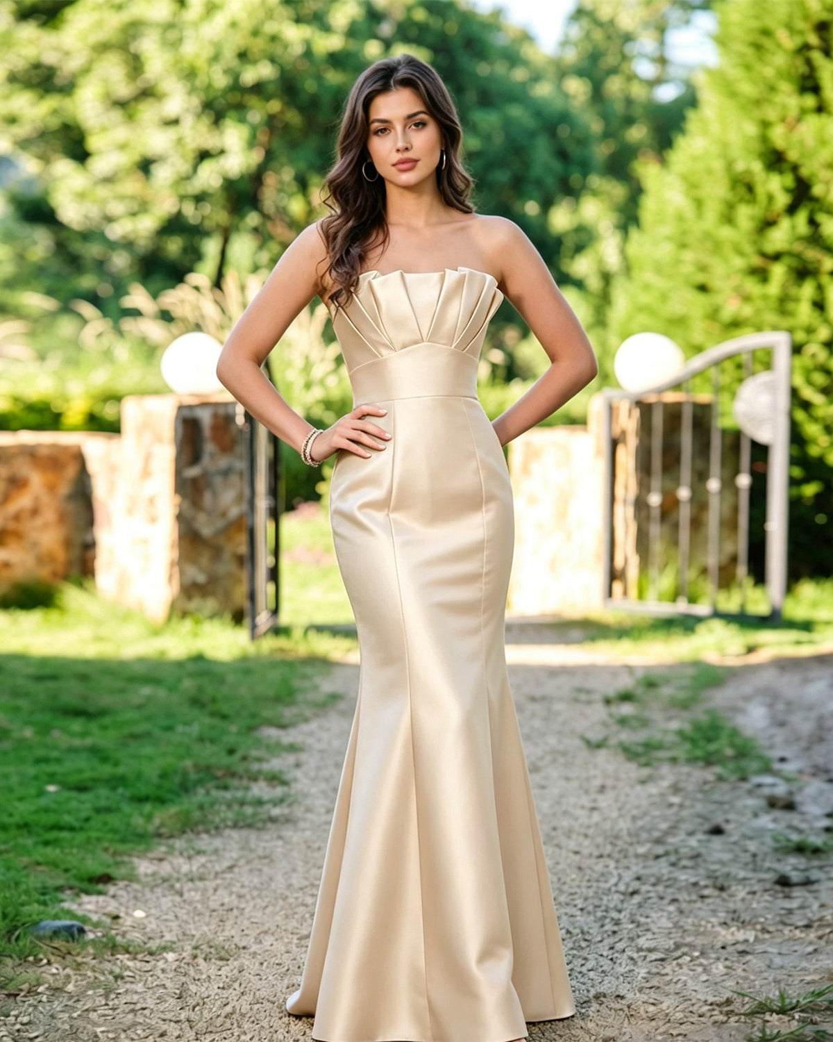 Champagne strapless mermaid formal dress with pleated bodice and floor-length flare