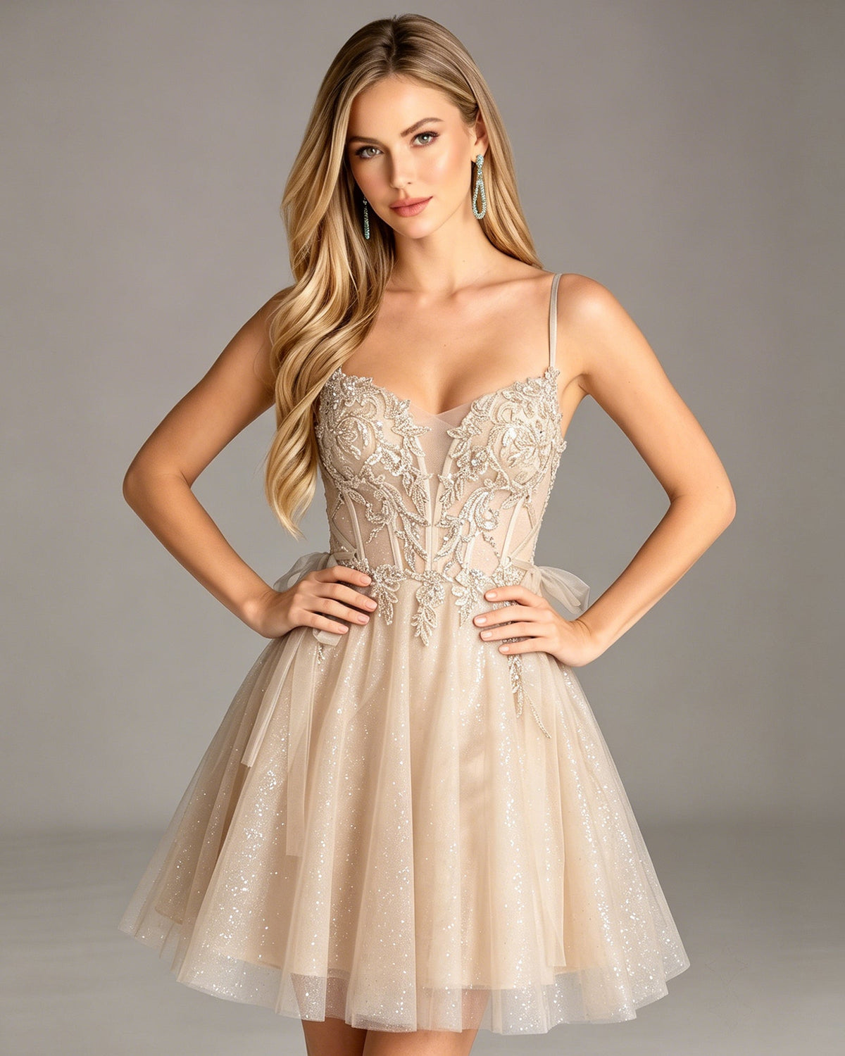 Champagne glitter tulle homecoming dress with sheer lace corset bodice